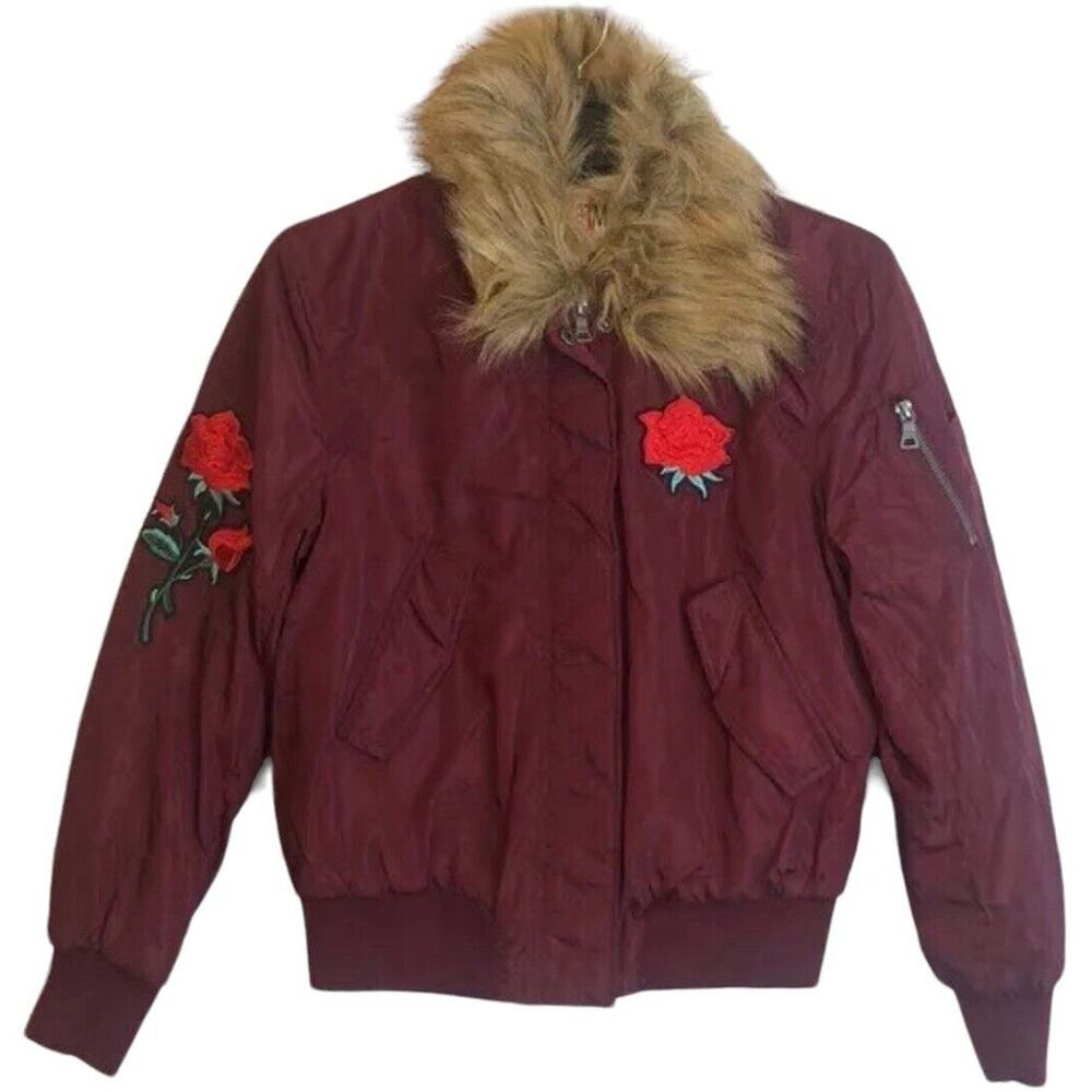 Ultim8 Brand burgundy faux fur collar rose‎ appliqué bomber Jacket Juniors Sz L